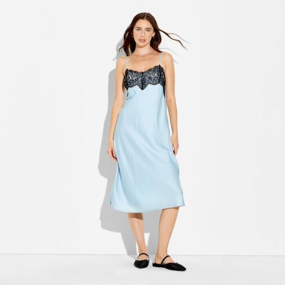 Women's Lace Trim Satin Midi A-Line Dress - Wild Fable Blue L - Picture 2 of 4